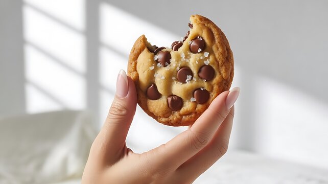 Female hand delicately holds a partially eaten chocolate chip cookie with sea salt flakes
