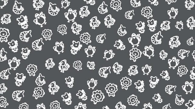 White doodles dot a dark gray background. Doodles include birds, flowers, and playful shapes. Simple, whimsical style suits design projects. Perfect for children's books or playful branding
