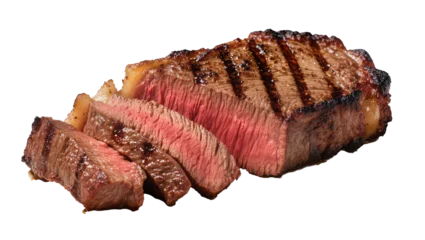 Fotobehang Steakhouse Juicy grilled sirloin steak sliced with grill marks, isolated on transparent background  © Hugo