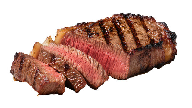 Juicy grilled sirloin steak sliced with grill marks, isolated on transparent background