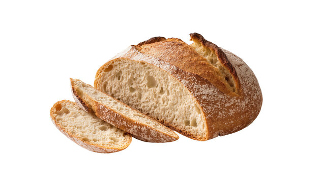Crusty artisan sourdough bread loaf with two slices, isolated on transparent background