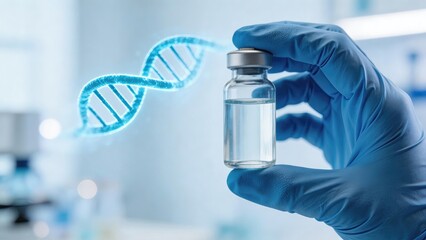 Naklejka premium Gloved hand holding vaccine vial with glowing DNA helix in laboratory representing genetic research biotechnology medical innovation and pharmaceutical development for healthcare