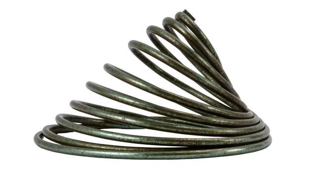 Conical metal spring with aged patina, isolated on transparent background