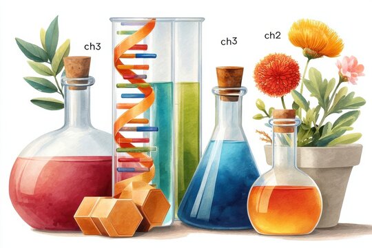 Colorful illustration of DNA and chemistry glassware with plants and flowers in a lab setting