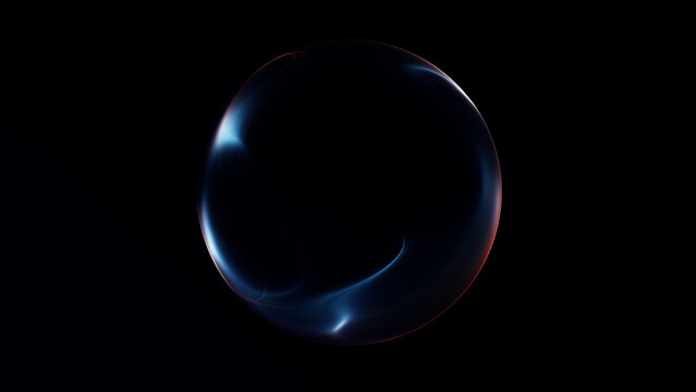 Minimal dark energy sphere with subtle blue and red glow on black background. Elegant abstract orb with futuristic light, deep contrast and sleek digital mood.