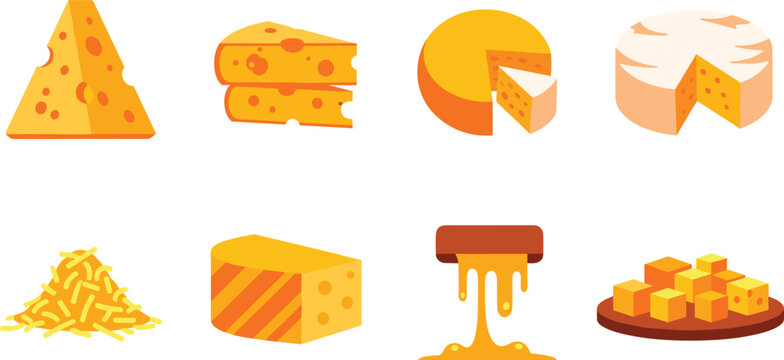 Set of cheese varieties icons including cheddar slice wheel cubes melted dairy products vector illustration collection colorful food design elements