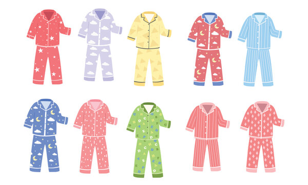 Kids pajamas vector set in flat cartoon style. Collection of colorful pajama outfits in different patterns. Bedtime clothing illustration isolated on white background.