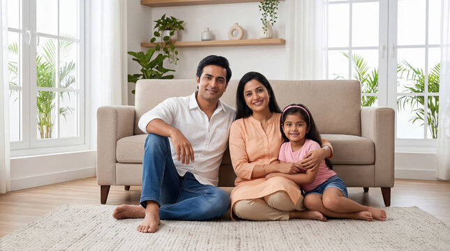 Happy Indian Family Smiling Together in Bright Living Room