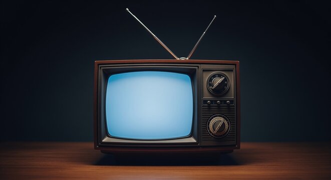 A vintage television set with wooden frame and rabbit ear antennas on a wooden surface. The blue glowing screen and old-style design evoke nostalgia for classic home entertainment.