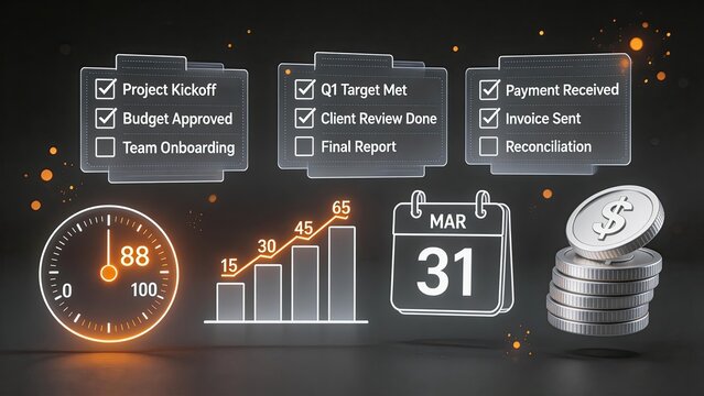 Business performance dashboard showing project milestones financial growth charts speedometer metrics and calendar deadline for corporate strategy management and success planning