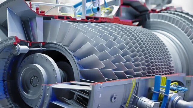 Cutaway close-up of an industrial gas turbine compressor and rotor assembly, highlighting interlocking metallic blades, precision engineering, and complex internal components.