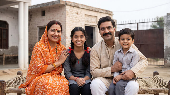 Happy Indian Family Portrait Sitting on Charpoy Outdoors