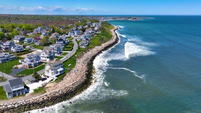 Third Cliff village aerial view at the North River mouth to the Atlantic Ocean in town of Scituate, Massachusetts MA, USA. 