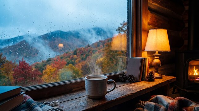 Cozy Coffee Cup by the Window with Misty Mountains