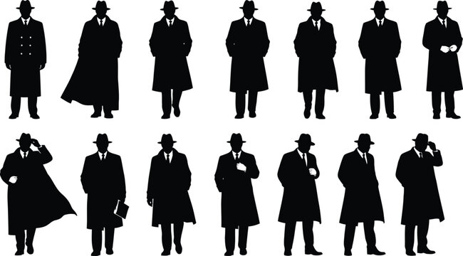 Vintage noir silhouette collection featuring thirteen detective men in trench coats and fedora hats, mysterious spy set isolated on white
