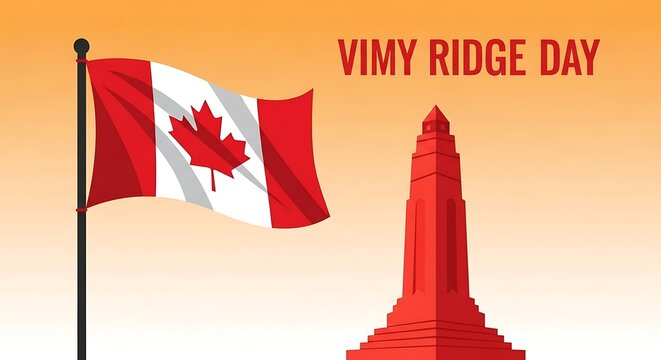 Vimy Ridge Day commemorative banner, Canadian flag waving on flagpole, red memorial monument silhouette on orange gradient background