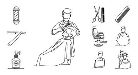 Obraz premium Line drawing depicting a barbershop with tools and customers