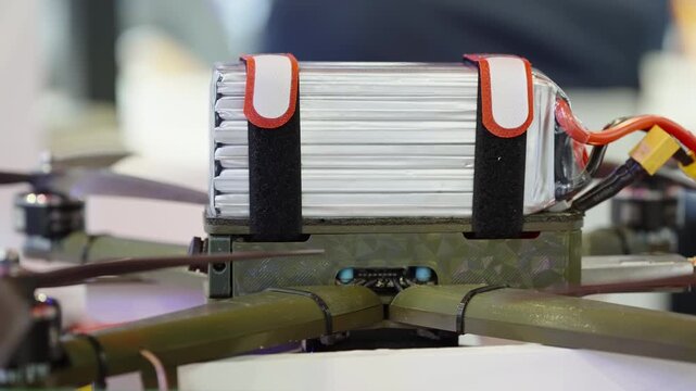 Close-up of a multirotor drone with a high-capacity lithium polymer battery pack secured with straps on the frame, showing propeller hubs, power leads, and construction details