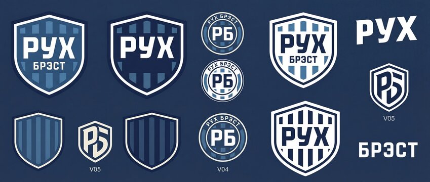 Logo designs for Rukh Brest football club in various styles and shapes displaying team identity elements