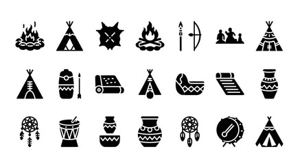 Native American icons, tribal symbols, black vector illustrations, 20 teepee signs © Charlie