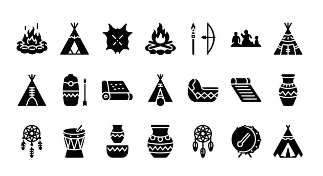 Native American icons, tribal symbols, black vector illustrations, 20 teepee signs