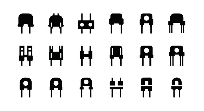 Electronic component icons, transistor symbols, circuit elements, black vector graphics