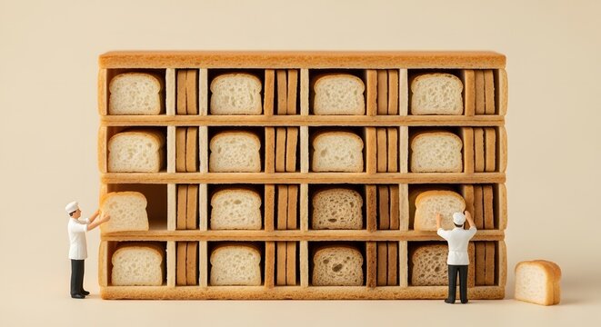 Miniature bakers organize shelves crafted from sliced bread, featuring various types of bread loaves in a creative food production concept.