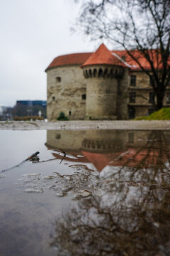 Reflection of a stone tower in a puddle