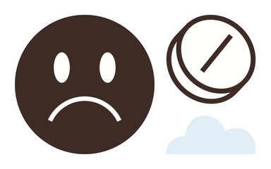 Obraz premium Mental health, medication, depression, sadness, emotional wellbeing, treatment. A sad face next to a pill and a cloud. Depression and medication concept for mental health treatment