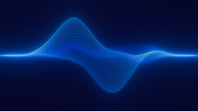 Audio blue waveform digital particle wave background. Abstract music dot waves equalizer. Futuristic point sound wave visualization. AI synthetic voice technology. Distorted dot frequencies.