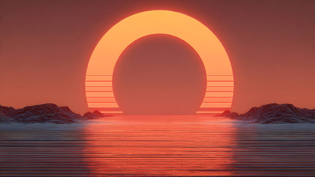 Digital artwork  featuring ocean sunset that showcases a nostalgic retro gaming aesthetic