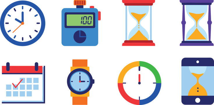 Set of time management and clock icons including stopwatch hourglass calendar wristwatch timer schedule vector illustration collection modern design