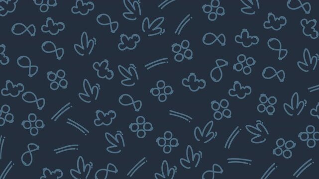 Dark blue background with whimsical doodles. Pastel lines form flowers, leaves, and abstract shapes. Pattern feels playful, light, and creative. Ideal for design, branding, or kids' content