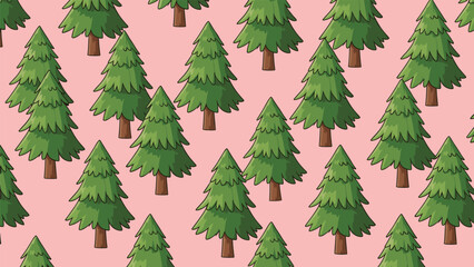 Obraz premium Whimsical seamless pattern featuring charming cartoon-style pine trees in vibrant green with sturdy brown trunks, all set against a soft, light pink background.