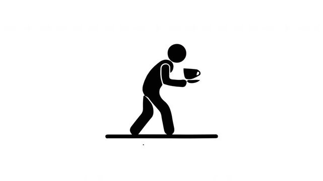 Waiter Carrying Coffee Cup Walking Icon Animation Simple Stick Figure Loop