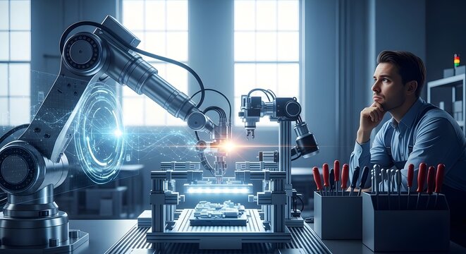 Man working with robotic arm technology.