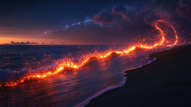 Mystical Fiery Waves Sparkle on Dark Beach Under Galactic Night Sky