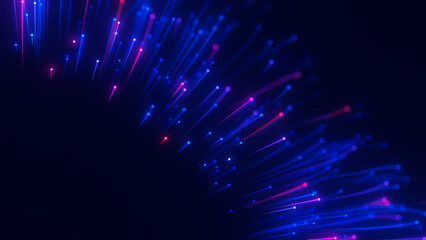 Naklejka premium Closeup of Big data light speed flow outwards left corner. Abstract digital data stream of quantum computing. Cyberspace of qubit trail waves. Modern tech information transmission. Ai neural network