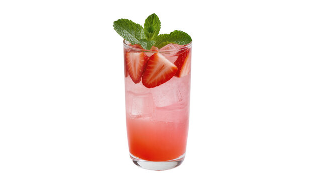 Tall glass of pink strawberry lemonade with ice mint and fruit slices, isolated on transparent background