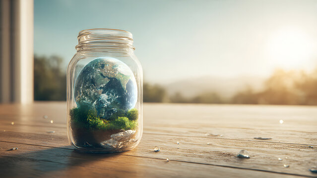 miniature landscape, city, or planet Earth encapsulated within a glass jar. 