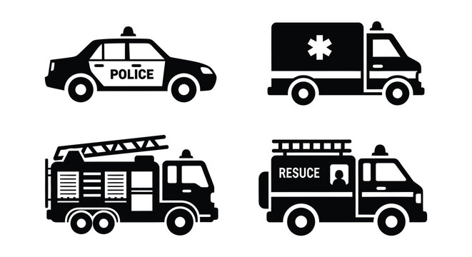 Black silhouette icons of police car ambulance fire truck and suv