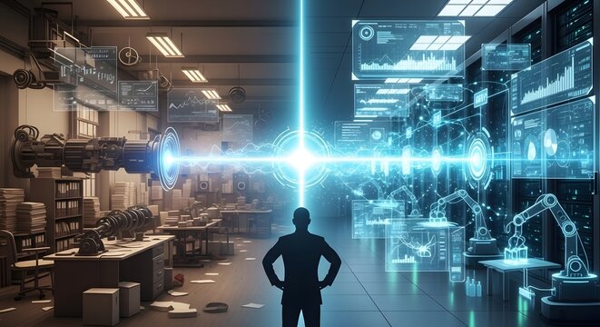 Man standing in futuristic industrial warehouse.