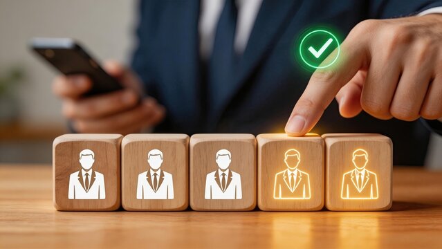 Businessman choosing best candidate from wooden blocks with glowing checkmark recruitment concept digital selection HR management hiring process professional decision making