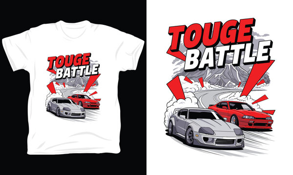Touge battle drift cars mountain road racing scene vector illustration.