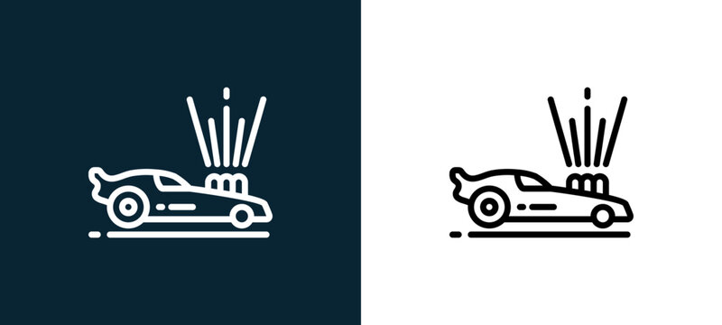 Two-color racing car outline icon pair in black and white, editable stroke vector illustration for web, mobile apps, UI design, branding, and print from motor sports
