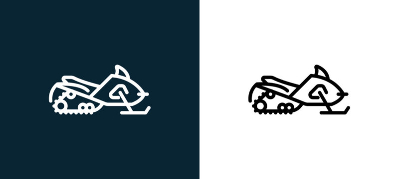 Two-color snowmobile outline icon pair in black and white, editable stroke vector illustration for web, mobile apps, UI design, branding, and print from motor sports