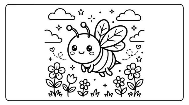 Smiling Bee Flying Near Flowers.