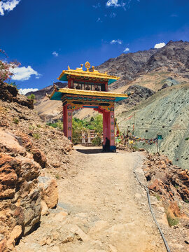 Ornate Buddhist Entrance Gate Leading to the Remote Phuktal Monastery in the Zanskar Mountains, Ladakh