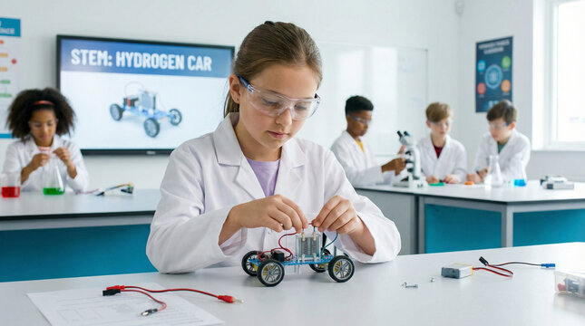 Focused Young Girl Engineer Builds a Hydrogen Car in a Modern STEM Class. Hands-On Robotics Project on Renewable Energy and Future Technology for School Students.