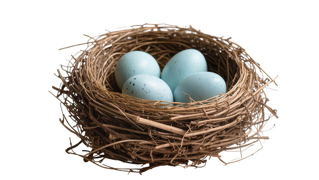 Four light blue speckled eggs nestled in a rustic twig bird s nest, isolated on transparent background